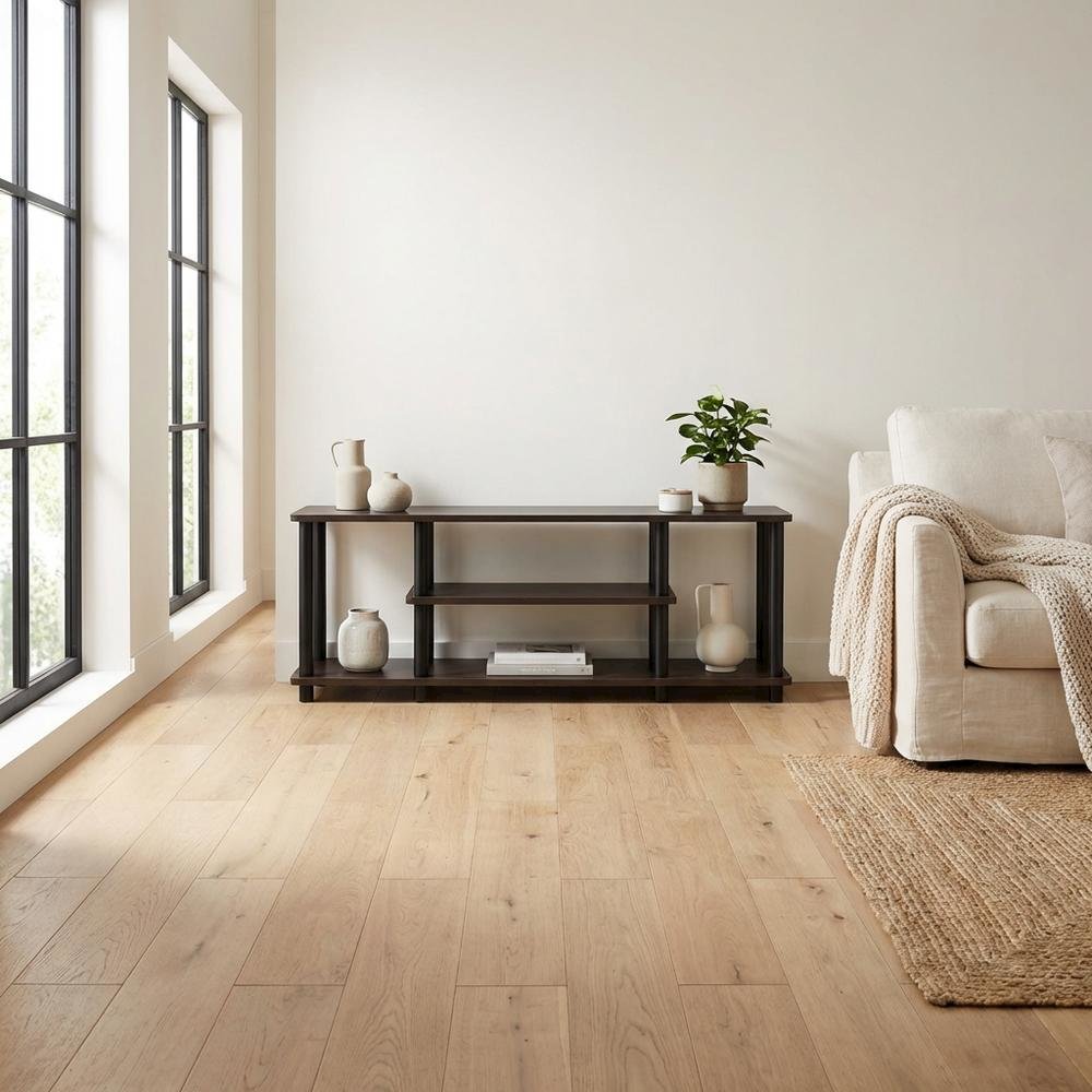 Dark Brown/Black 3-Tier TV Stand with Composite Wood and Plastic Poles