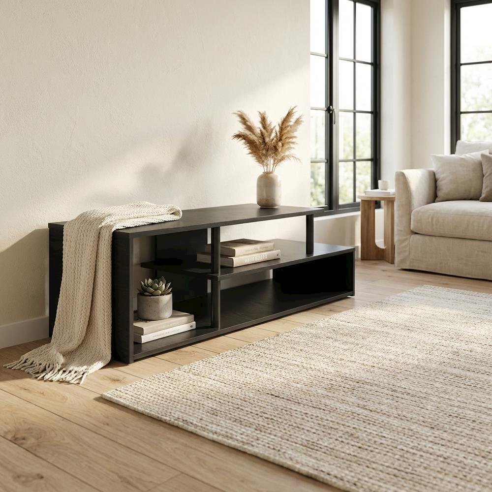 Low Profile TV Stand in Black Wood Finish with Composite Construction