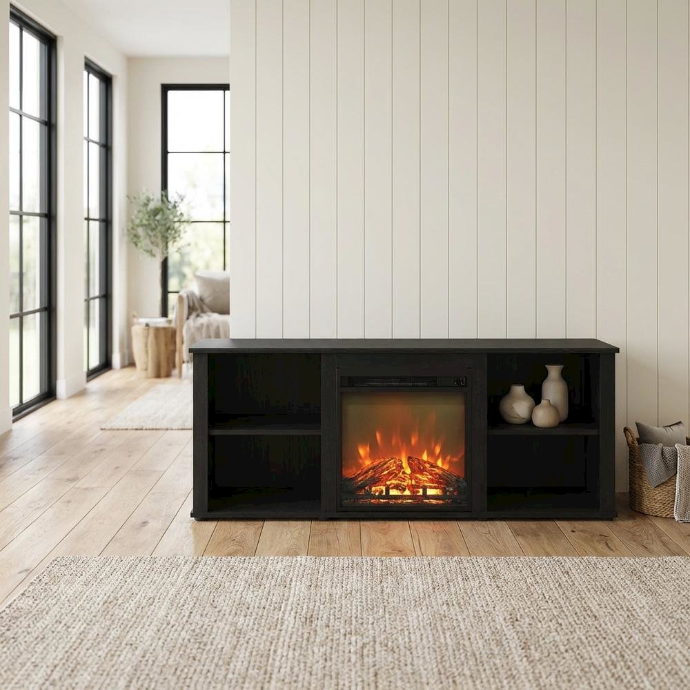 Wood TV stand, fireplace, Americano finish, modern design, multi-functional