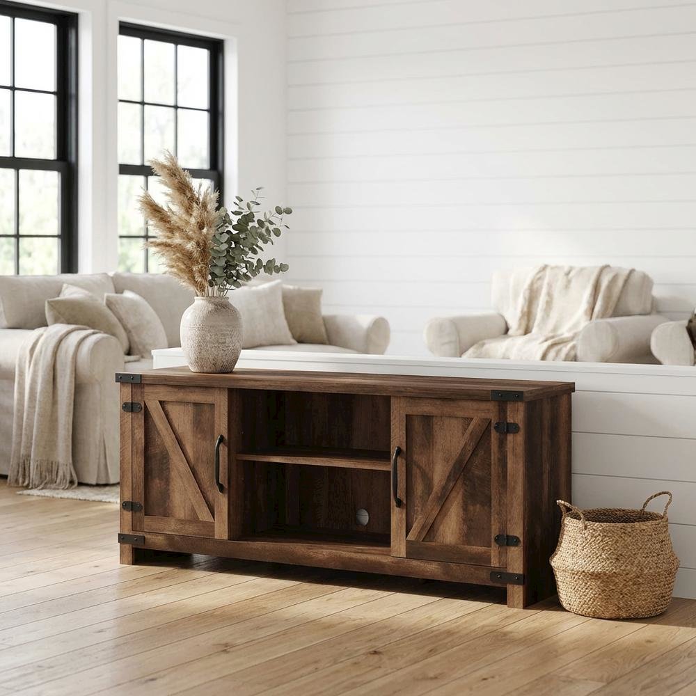 Rustic Brown Wood TV Cabinet with Barn Door for Up to 70 Inch Displays