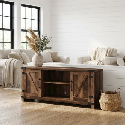 Rustic Brown Wood TV Cabinet with Barn Door for Up to 70 Inch Displays