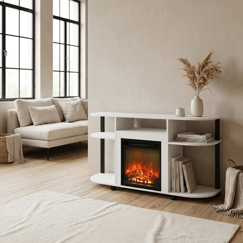 White Entertainment Center Stand with Fireplace for 55-Inch TVs, Solid Wood
