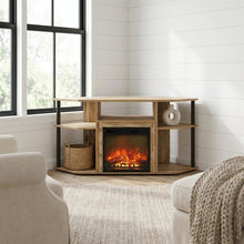 Black open storage corner fireplace TV stand, spacious shelves, 55-inch screens