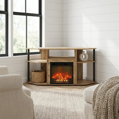 Black open storage corner fireplace TV stand, spacious shelves, 55-inch screens