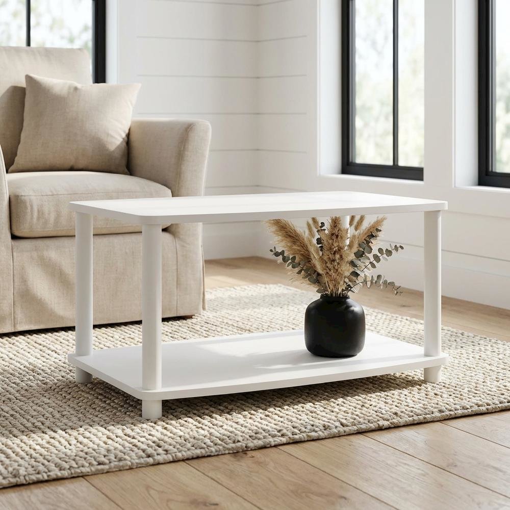 White 2-Tier Elevated TV Stand with Rubberwood Solids and Walnut Veneers