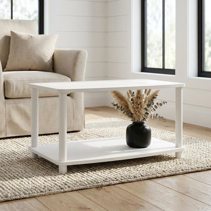 White 2-Tier Elevated TV Stand with Rubberwood Solids and Walnut Veneers