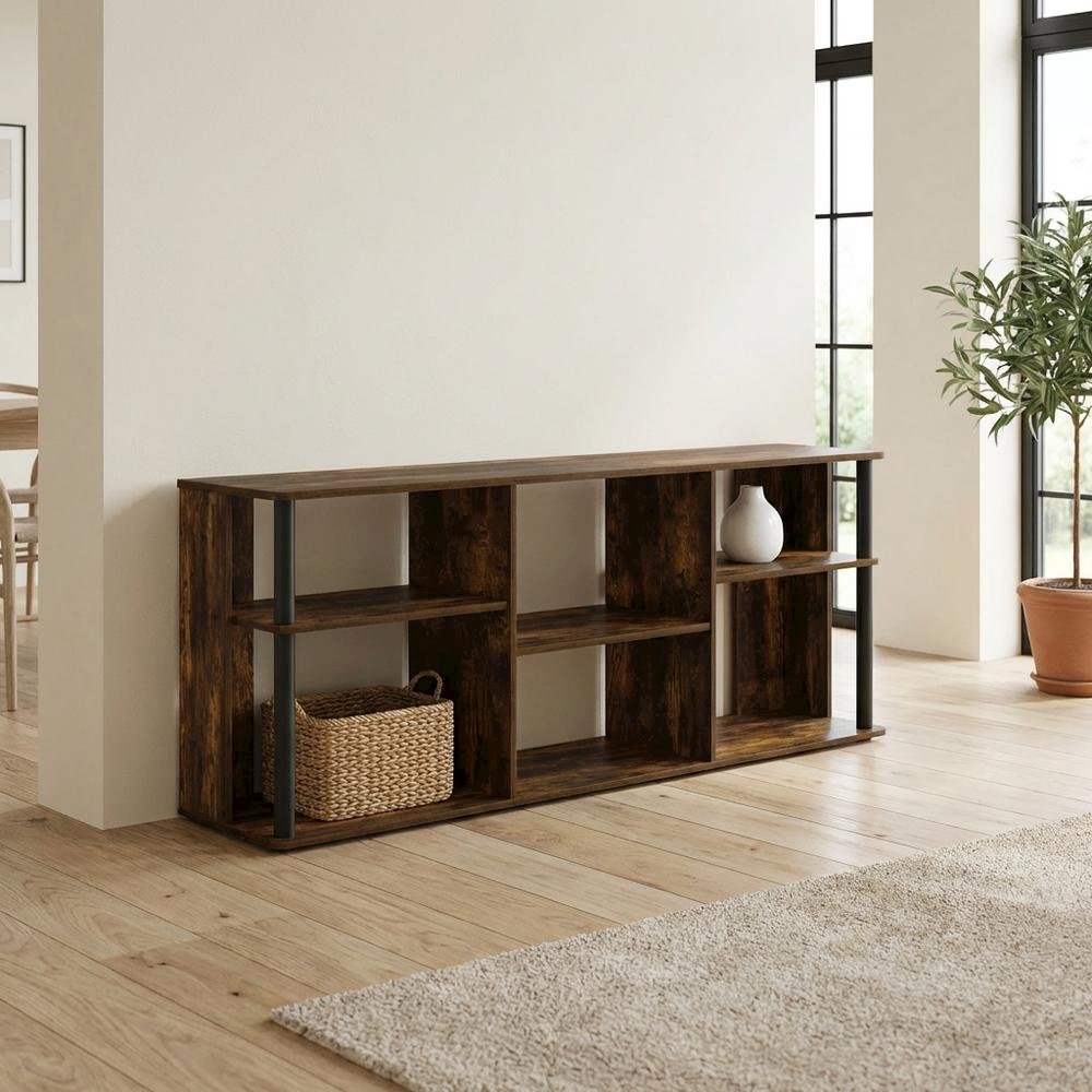 Wooden TV stand with black and amber pine finish for TVs up to 65 inches