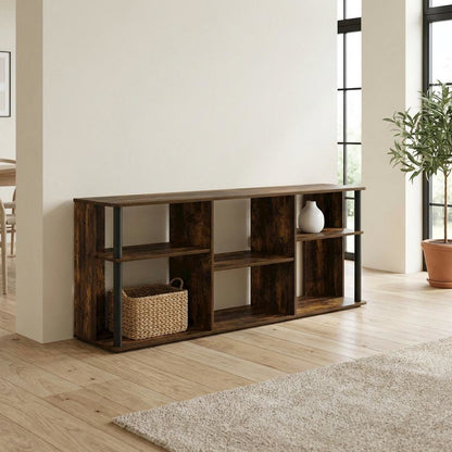 Wooden TV stand with black and amber pine finish for TVs up to 65 inches