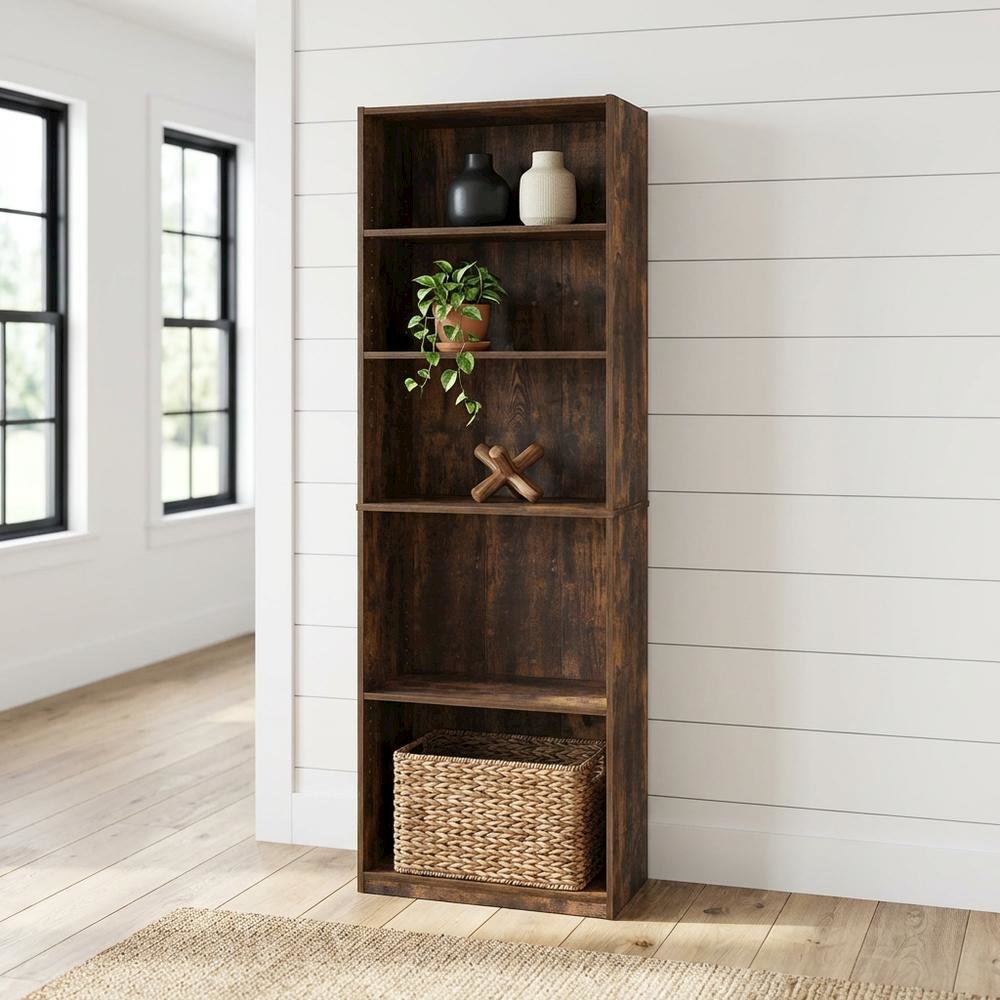 Amber oak 5-tier adjustable shelf bookcase with wood construction