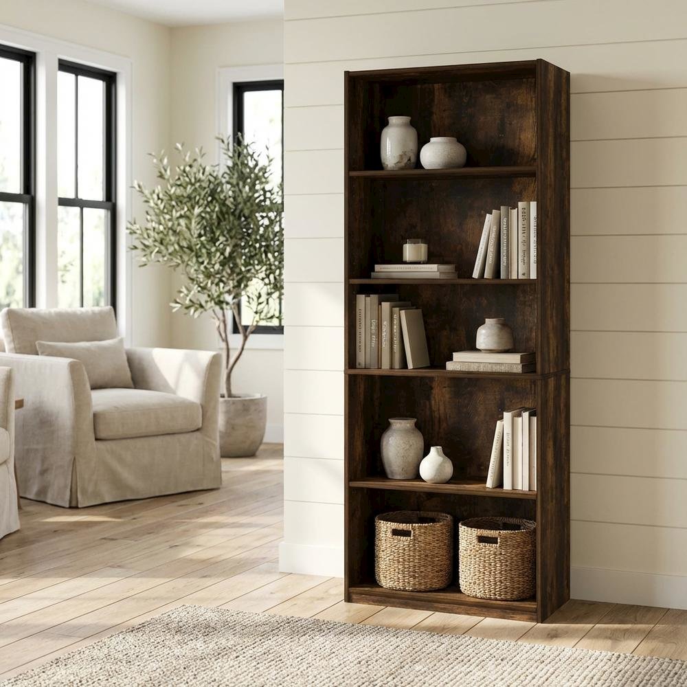 Wood Bookcase with Adjustable Shelves and Modern Design
