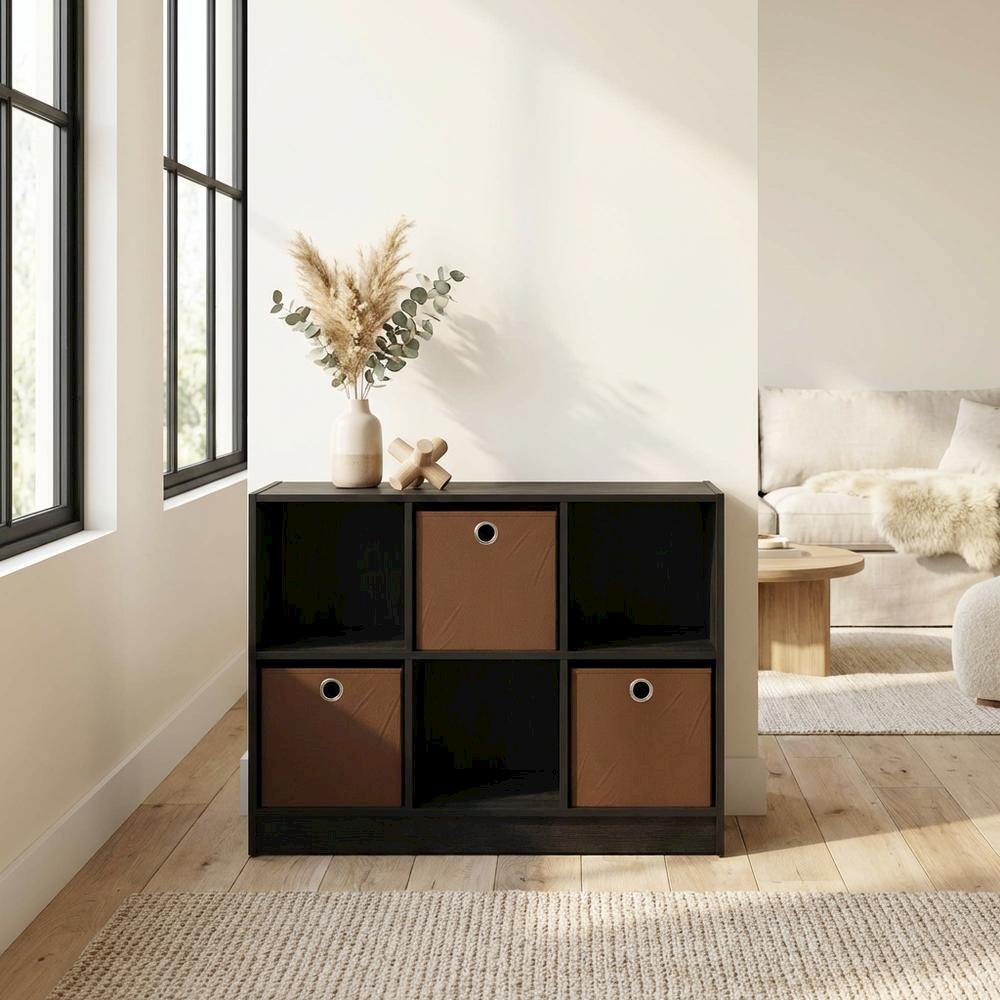 3x2 Wooden Bookcase with Bins in Medium Brown for Organized Storage