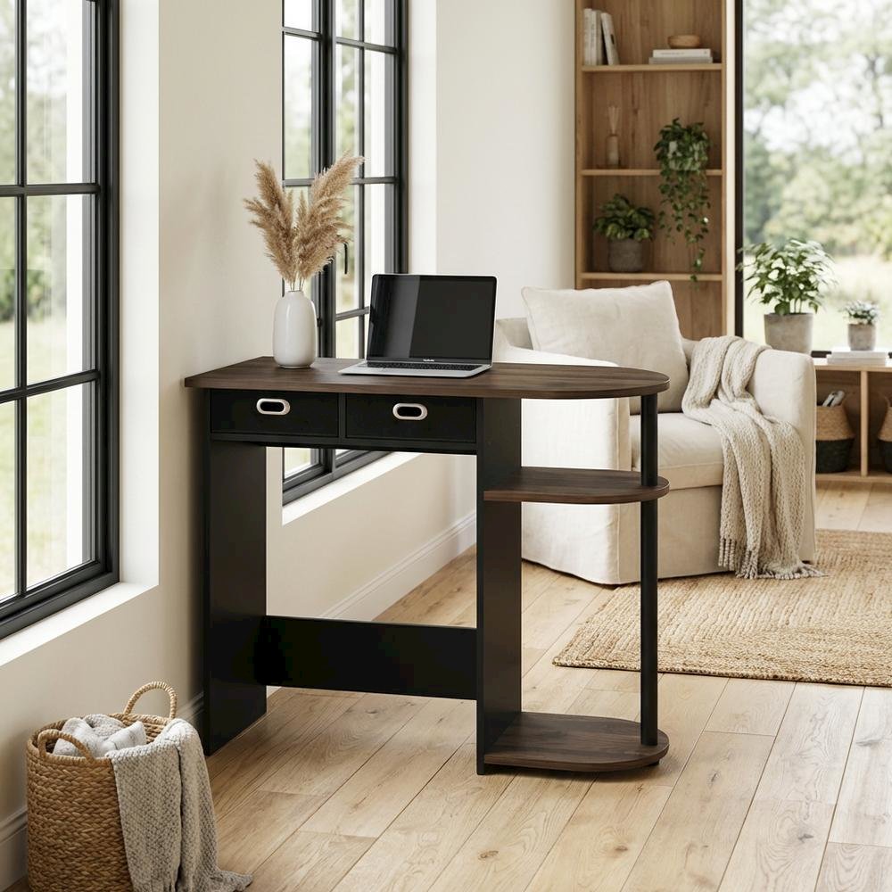 Computer workstation with Columbia Walnut, black finish, sleek design, durable
