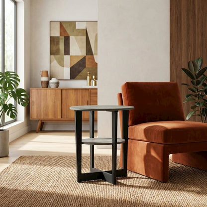 Grey oval end table with stylish French oak finish and modern design