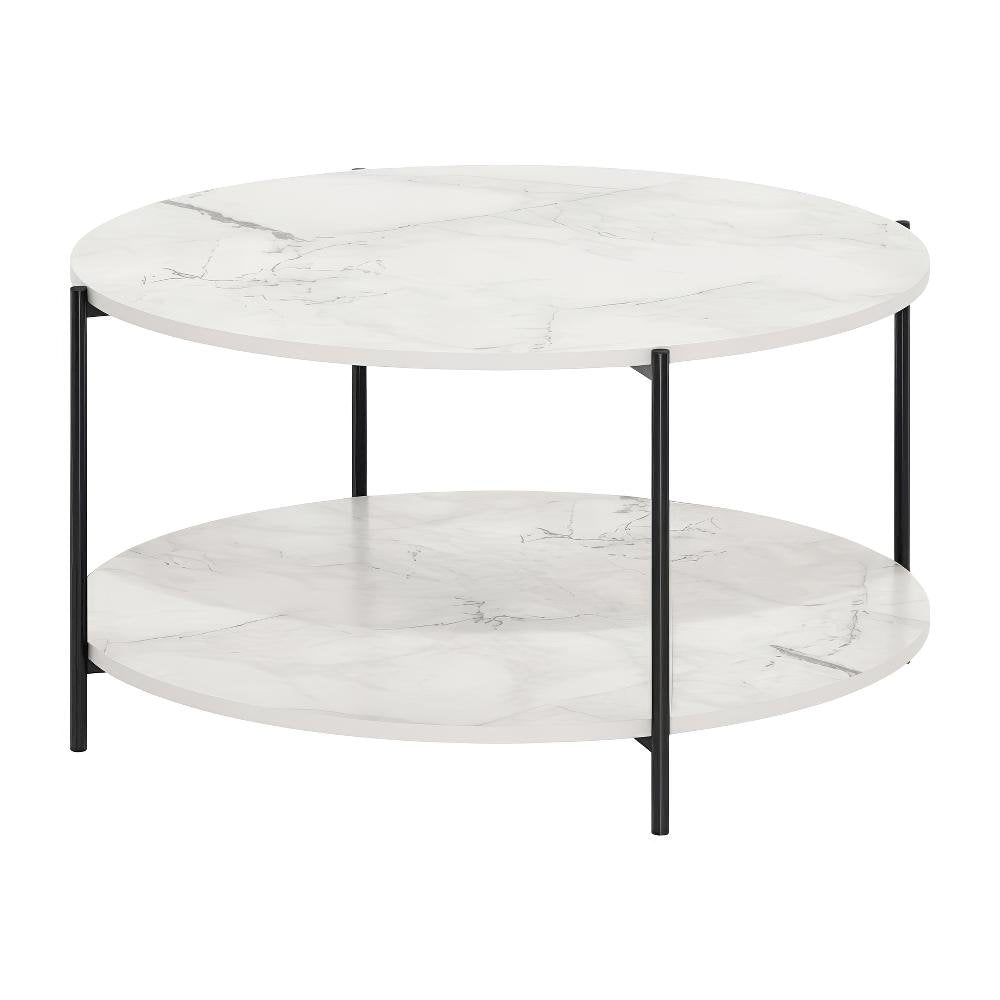 Light Marble 2-Tier Round Coffee Table with Storage Shelf and Metal Legs