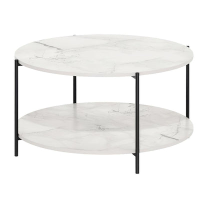Light Marble 2-Tier Round Coffee Table with Storage Shelf and Metal Legs