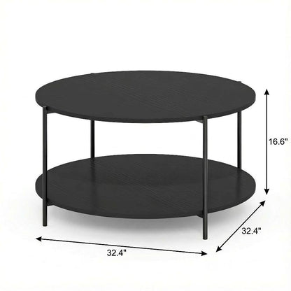 Dark Americano 2-Tier Round Coffee Table with Storage Shelf and Metal Legs