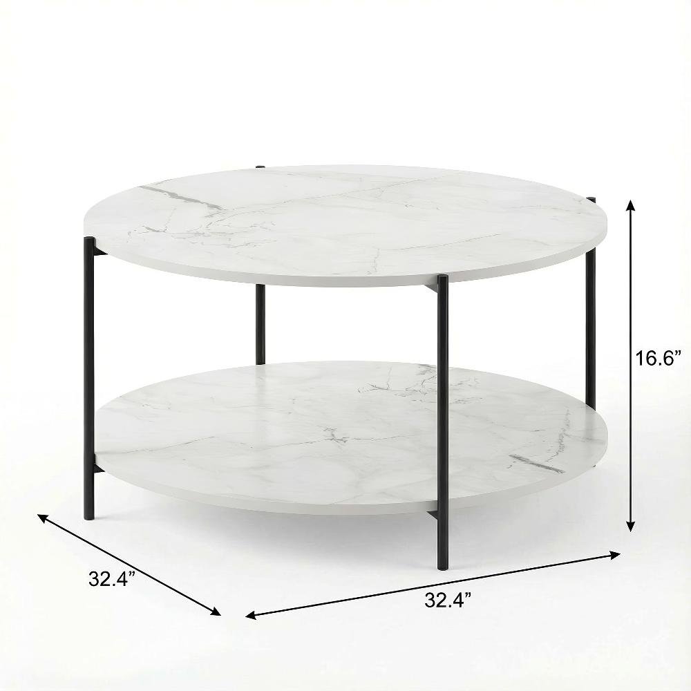 Light Marble 2-Tier Round Coffee Table with Storage Shelf and Metal Legs