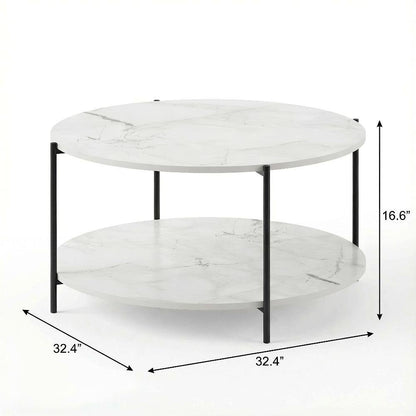 Light Marble 2-Tier Round Coffee Table with Storage Shelf and Metal Legs