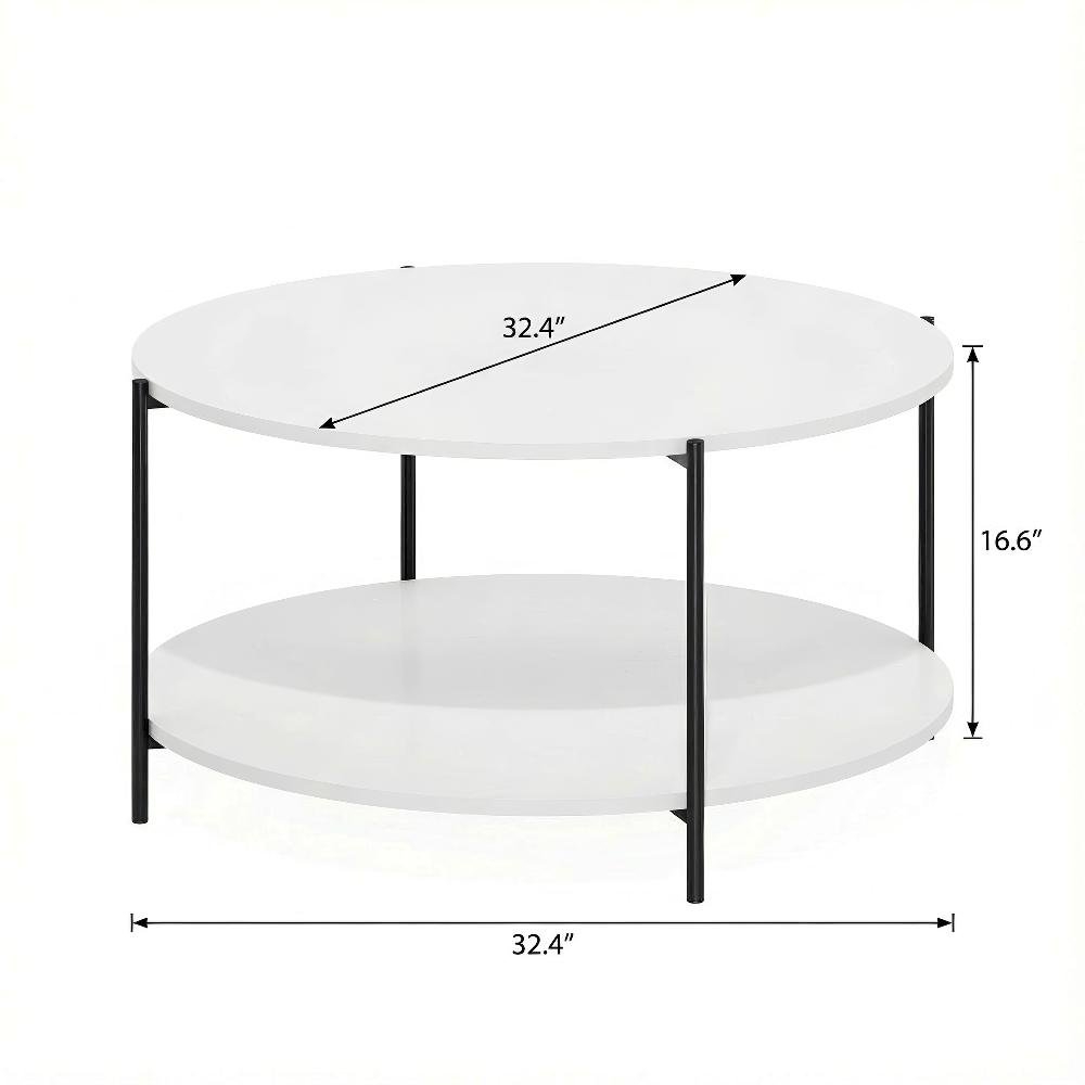 Plain White 2-Tier Round Coffee Table with Storage Shelf and Metal Legs