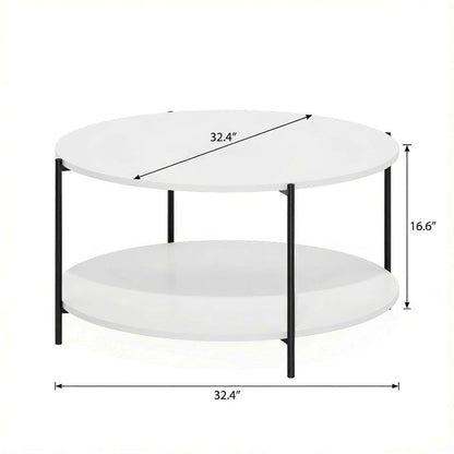 Plain White 2-Tier Round Coffee Table with Storage Shelf and Metal Legs