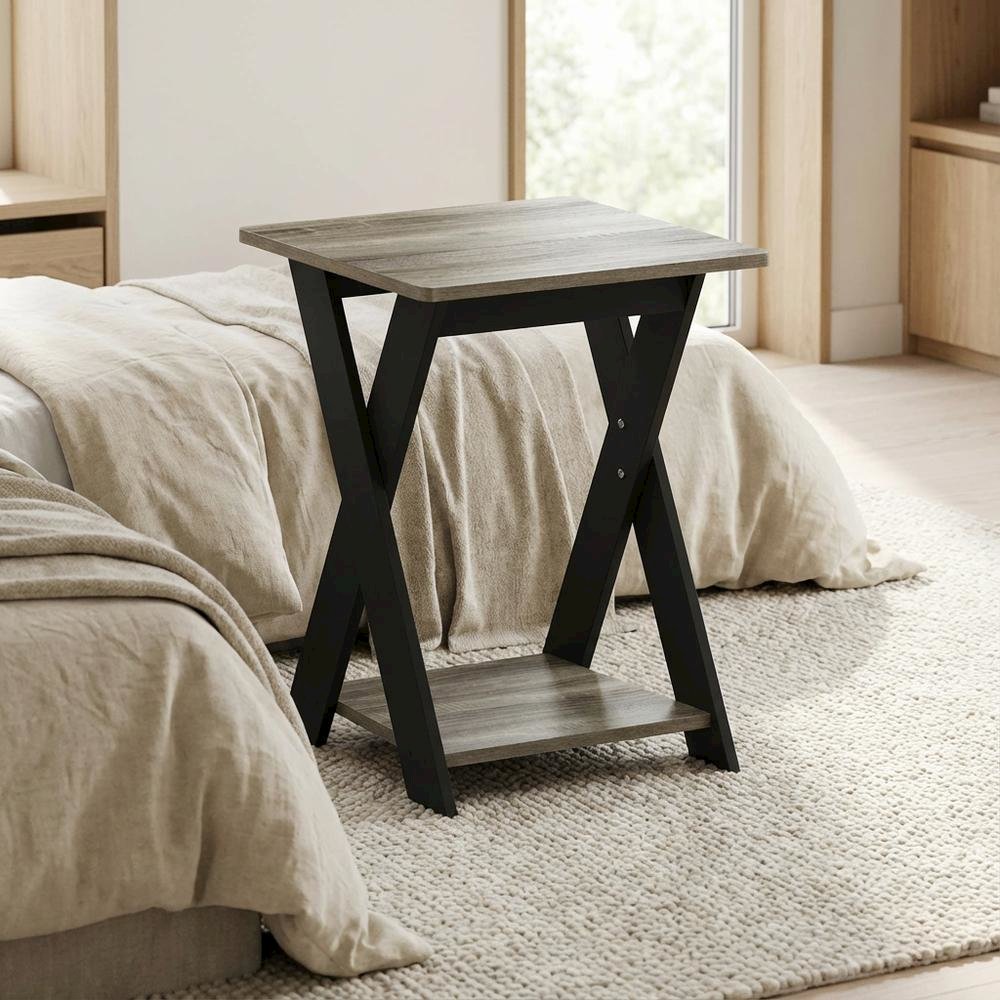 French Oak and Black Nightstand with Modern Cross Design