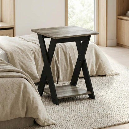 French Oak and Black Nightstand with Modern Cross Design