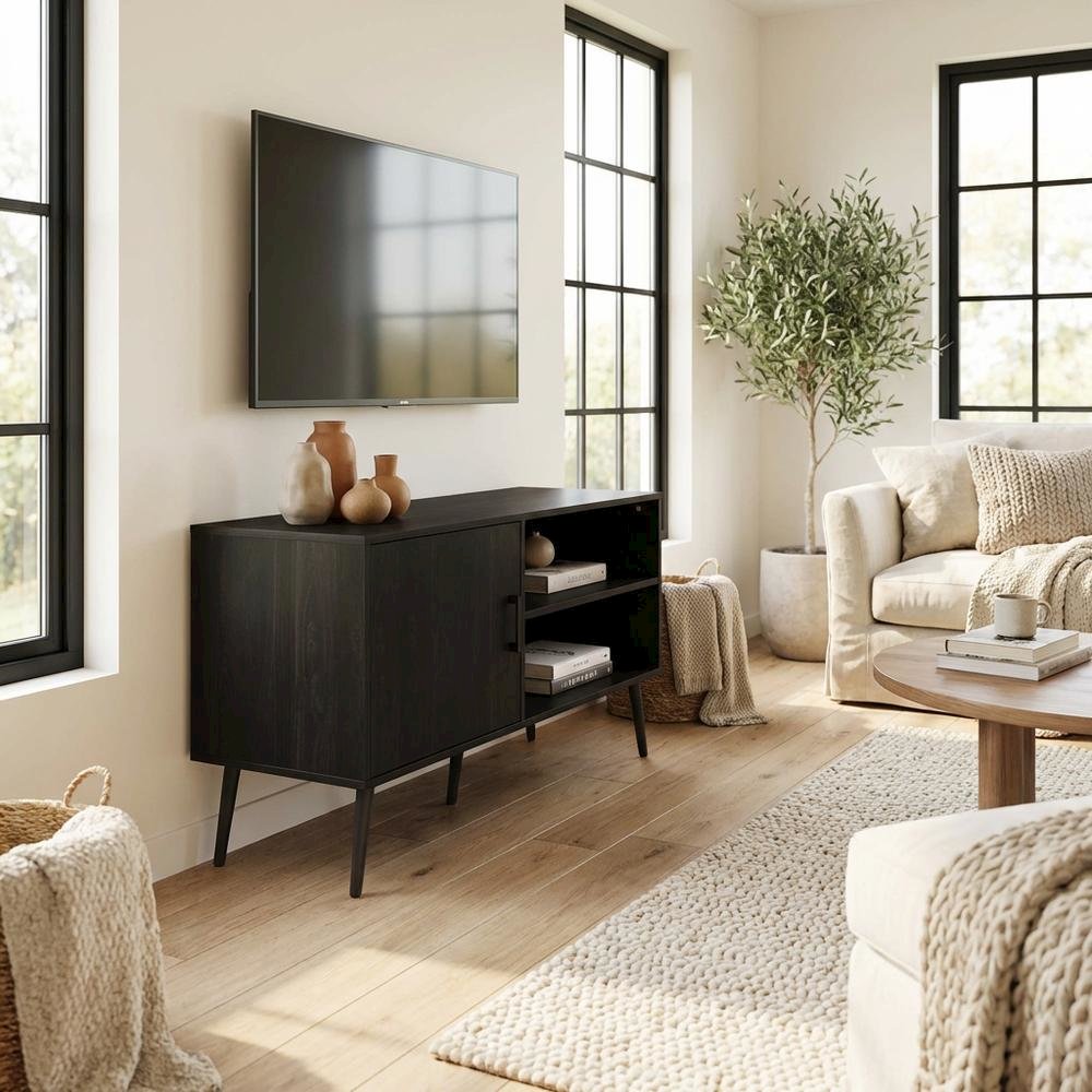 Espresso Wood TV Stand with One Cabinet and Shelves for Living Room