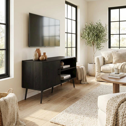 Espresso Wood TV Stand with One Cabinet and Shelves for Living Room