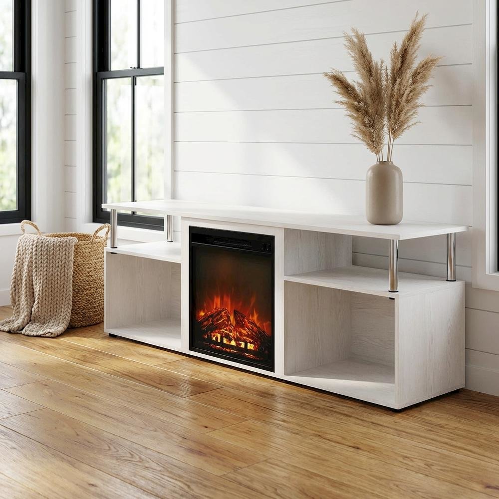 White Oak, Chrome Fireplace Entertainment Center, TVs up to 70 Inches