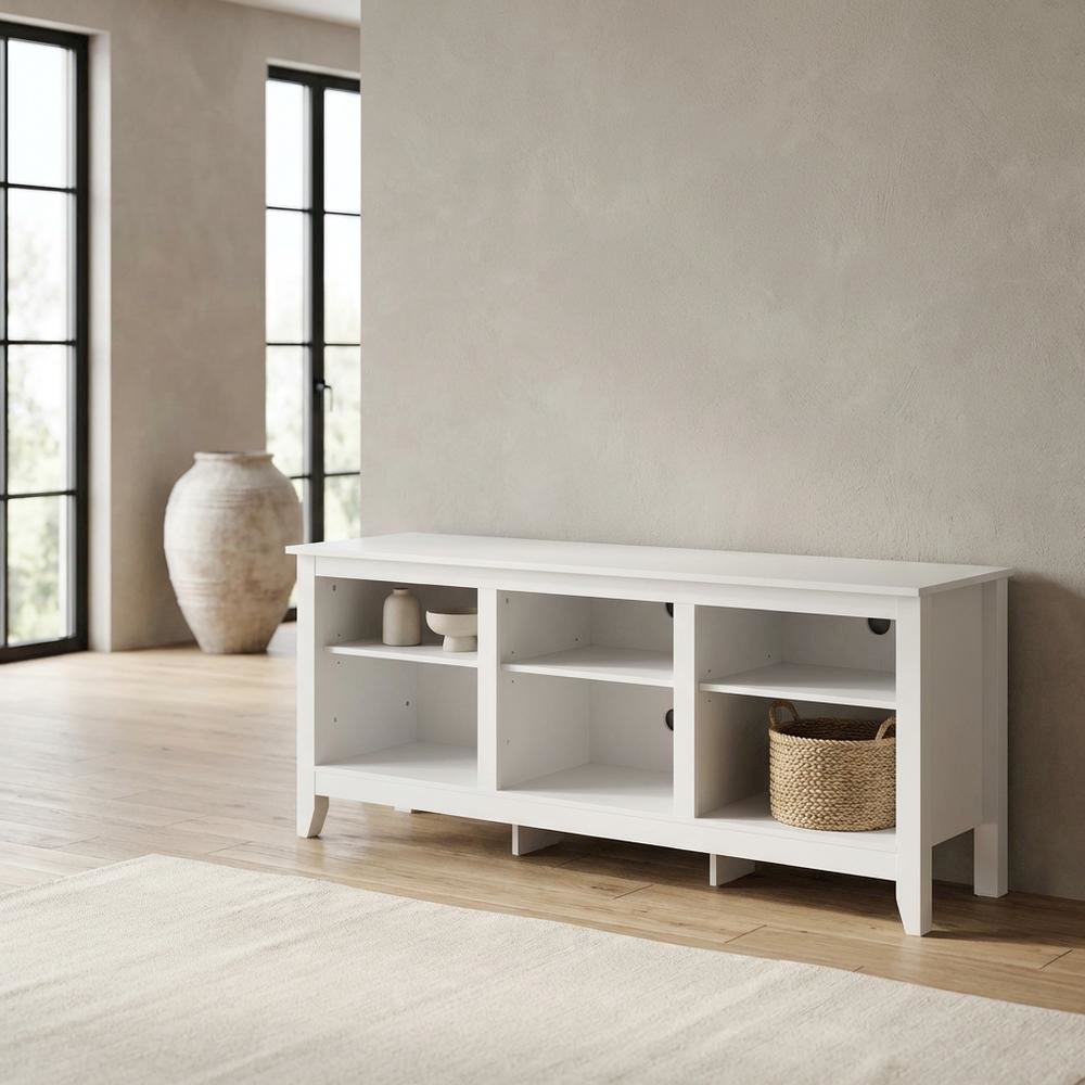 White Wooden TV Stand, Up to 65 Inch Entertainment Center, Spacious Storage