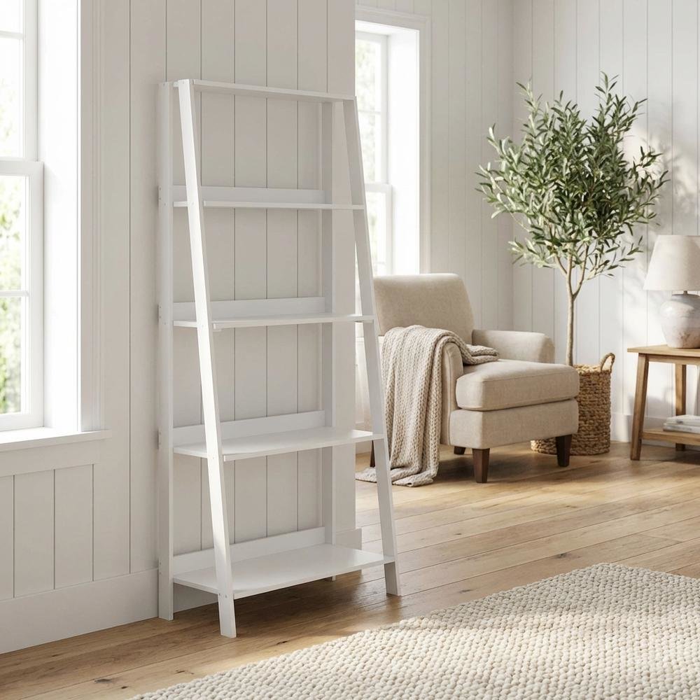 White 5-Tier Ladder Shelf with Open Display and Storage