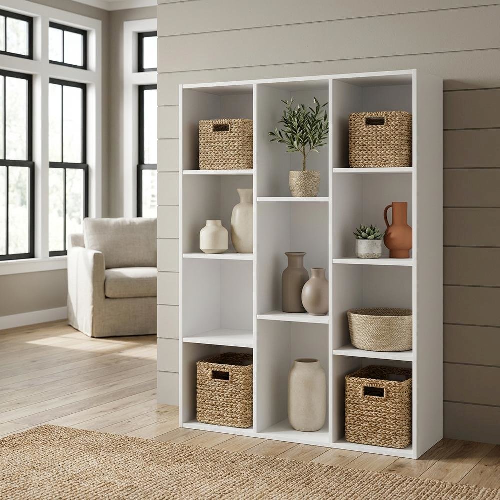 White 11-Cube Reversible Open Shelf Bookcase, Wooden Finish for Flexible Storage