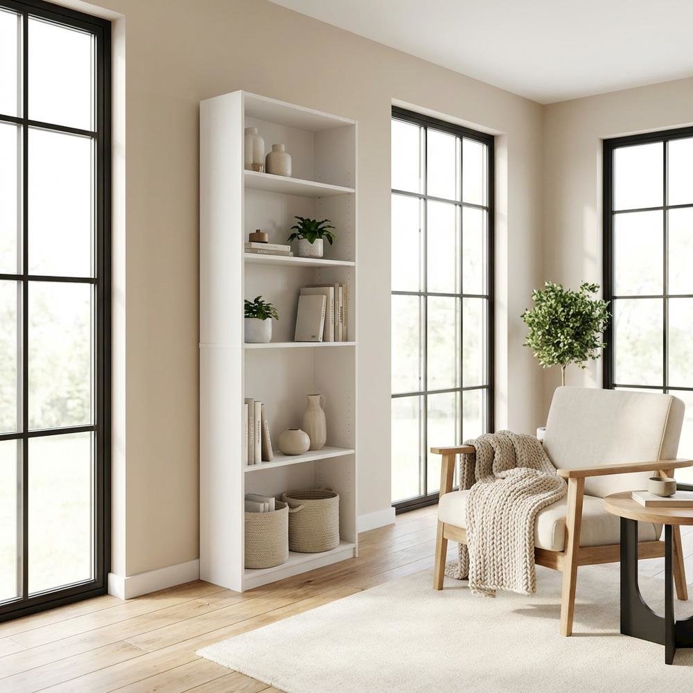 White 5-Tier Adjustable Shelf Bookcase with Wooden Construction
