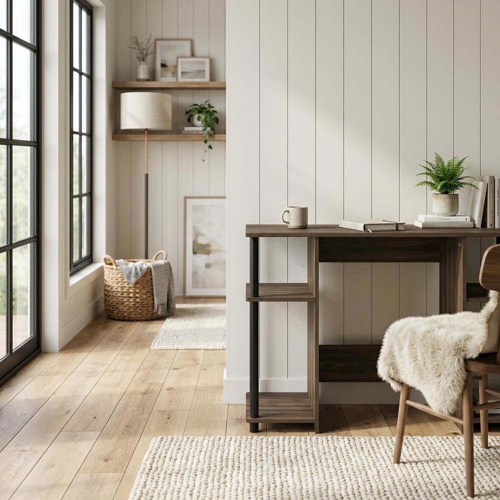 Wooden Compact Computer Desk, Columbia Walnut And Black Finish, Modern Design