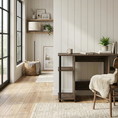Wooden Compact Computer Desk, Columbia Walnut And Black Finish, Modern Design