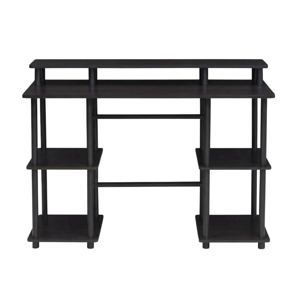 Espresso And Black Computer Desk With Top Shelf For Office Spaces