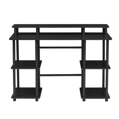 Espresso And Black Computer Desk With Top Shelf For Office Spaces