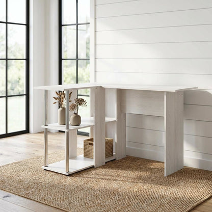 White Oak L-Shape Desk, Bookshelf And Stainless Steel Tubes For Office Spaces