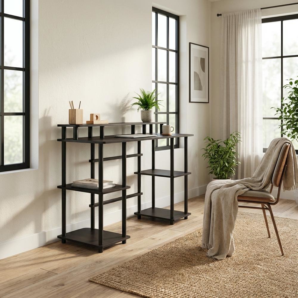 Espresso And Black Computer Desk With Top Shelf For Office Spaces