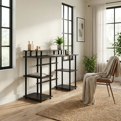 Espresso And Black Computer Desk With Top Shelf For Office Spaces