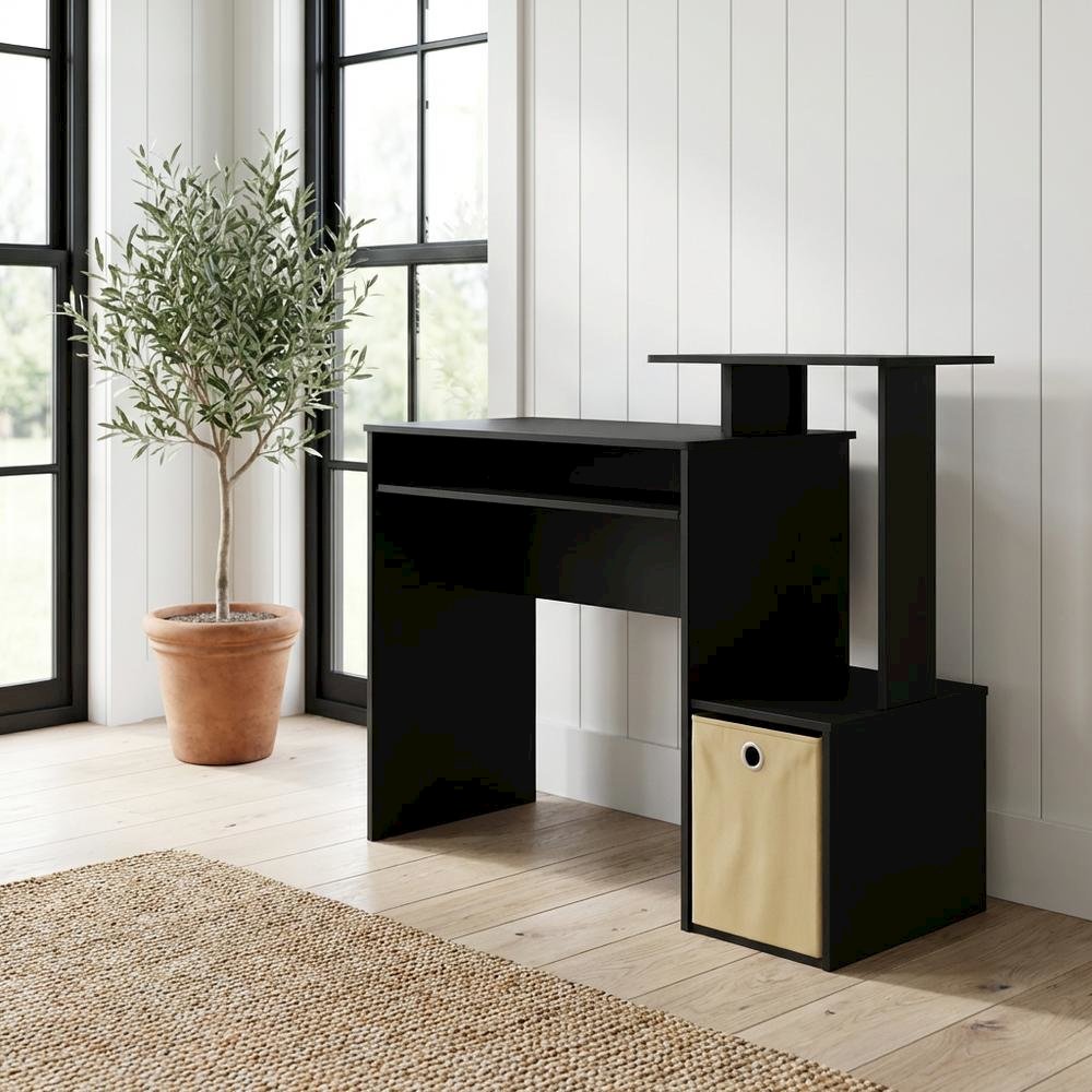 Black multipurpose home office desk with storage bin and sturdy construction