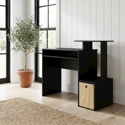 Black multipurpose home office desk with storage bin and sturdy construction
