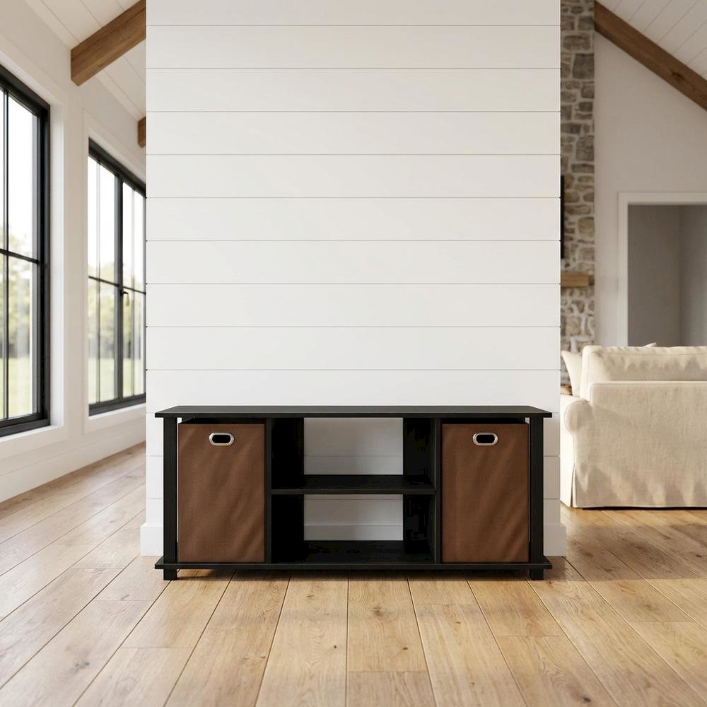 Wooden Entertainment Center with Storage Bins in Americano and Black Finish