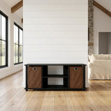 Wooden Entertainment Center with Storage Bins in Americano and Black Finish