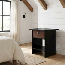 Medium brown wood nightstand with storage shelf and bin drawer