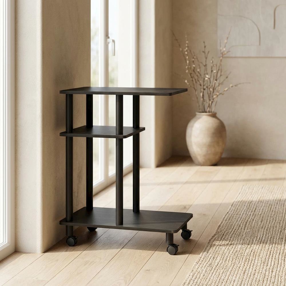 Espresso, U-Shape Sofa Side Table, Rolling Casters