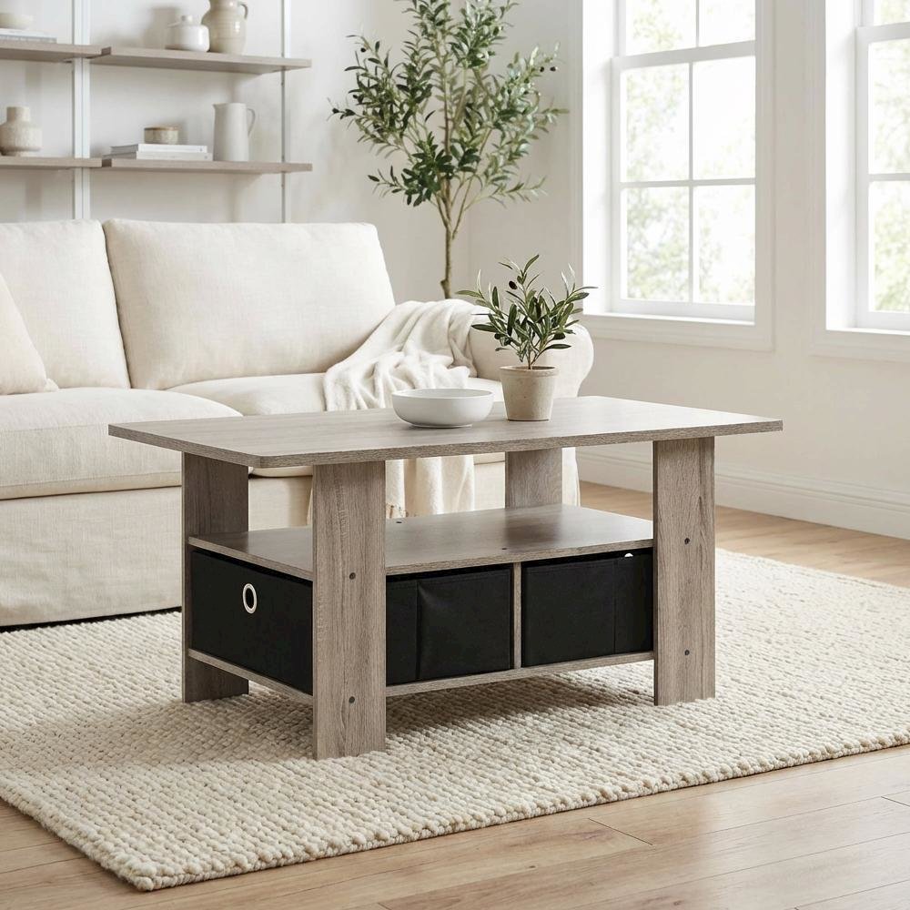 Coffee Table French Oak Grey Black with Bin Drawer and Sturdy Design