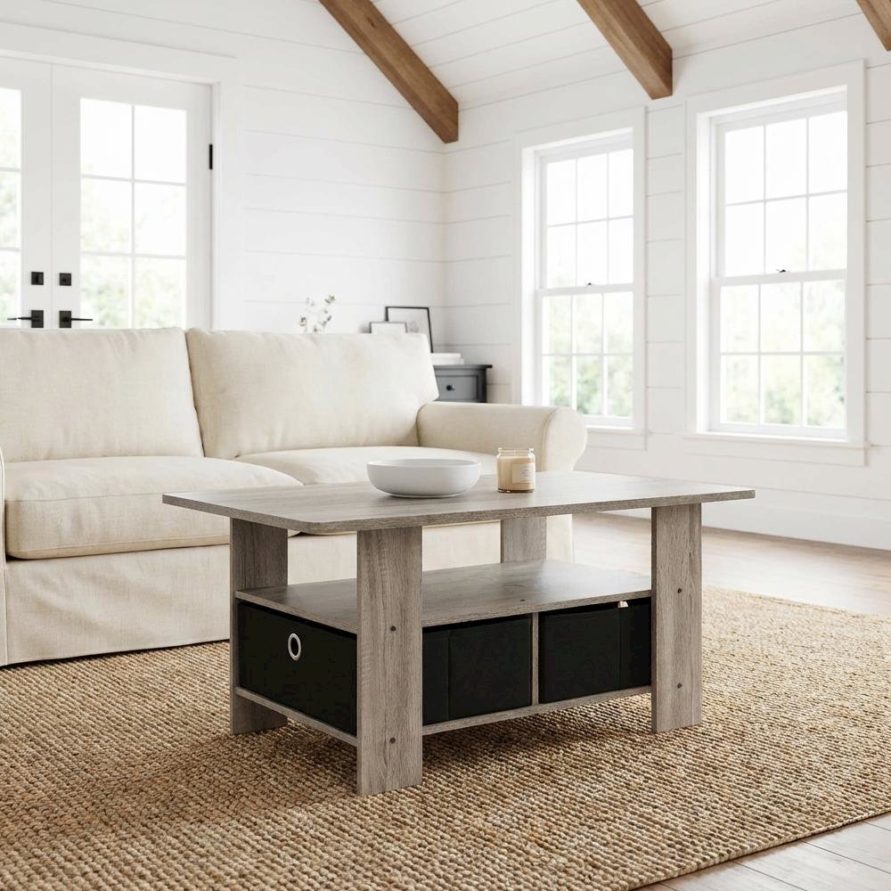 Coffee Table French Oak Grey Black with Bin Drawer and Sturdy Design