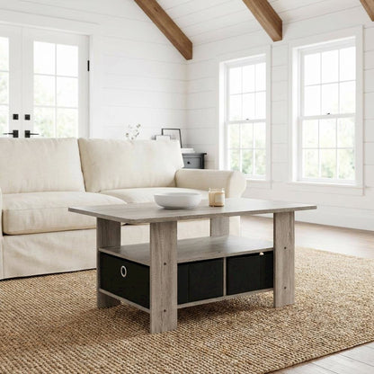Coffee Table French Oak Grey Black with Bin Drawer and Sturdy Design