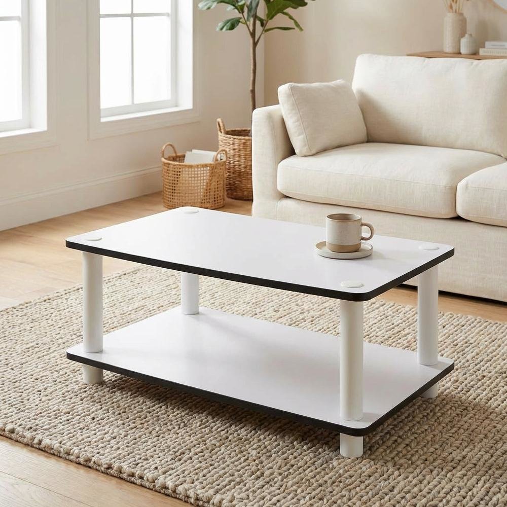 White 2-Tier Coffee Table with No-Tools Assembly and Easy Storage Options